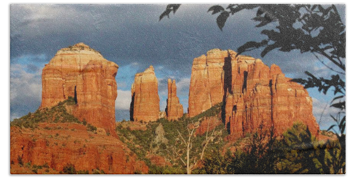 Nature Bath Sheet featuring the photograph Cathedral Rock in May B by Edward Dobosh