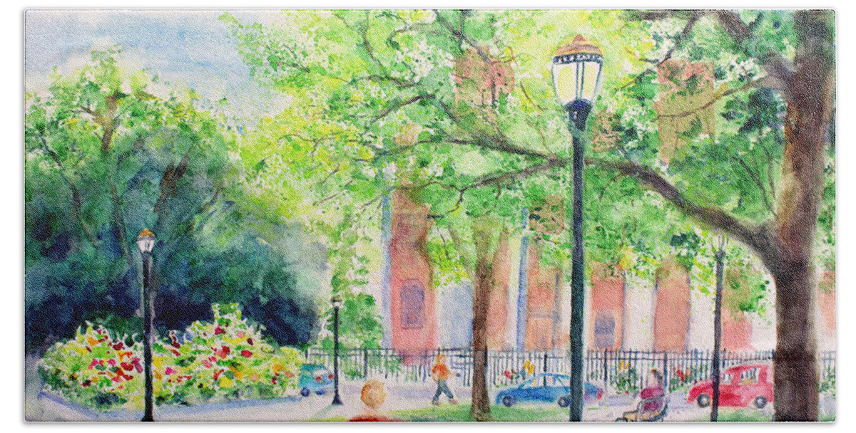 City Bath Towel featuring the painting Cathedral Square in Spring by Jerry Fair