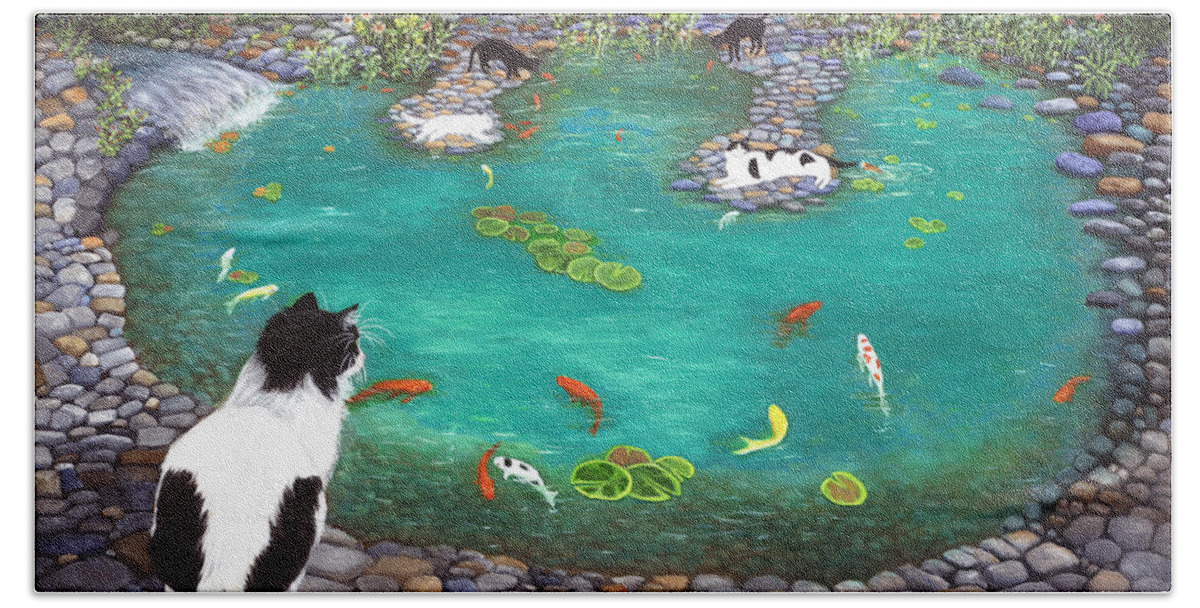Karen Zuk Rosenblatt Bath Towel featuring the painting Cats and Koi by Karen Zuk Rosenblatt