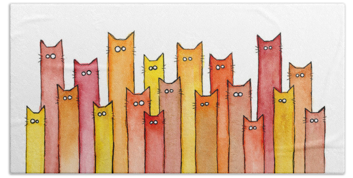 Watercolor Hand Towel featuring the painting Cats Autumn Colors by Olga Shvartsur