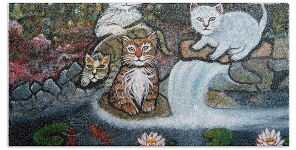Acrylic Art Landscape Cats Animals Figurative Waterfall Fish Trees Hand Towel featuring the painting Cats In The Wild by Manjiri Kanvinde