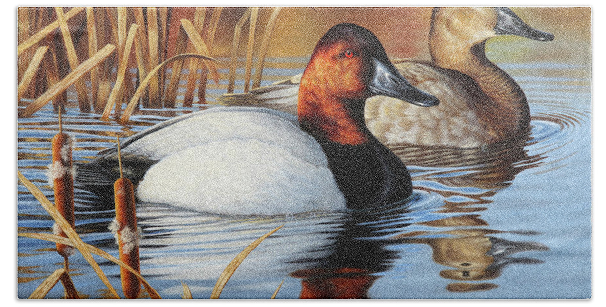 Canvasback Ducks Bath Towel featuring the painting Cattails and Canvasbacks by Guy Crittenden