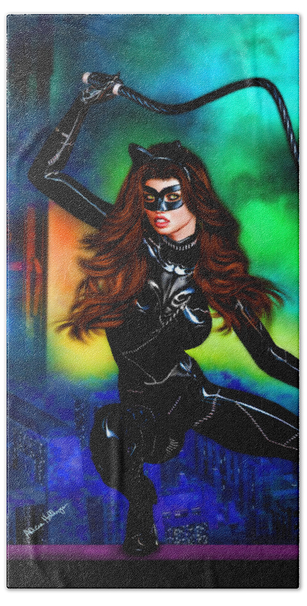 Catwoman Hand Towel featuring the mixed media Catwoman by Alicia Hollinger