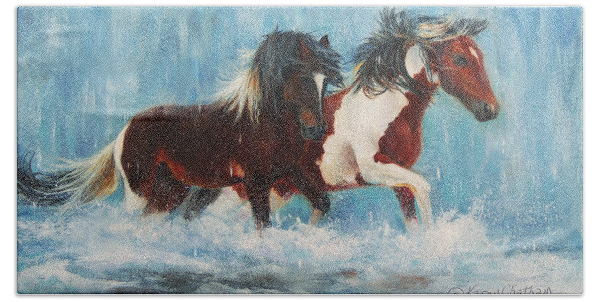 Wild Horses Caught In The Rain Hand Towel featuring the painting Caught In The Rain close up by Karen Kennedy Chatham