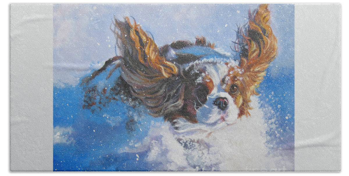 Dog Hand Towel featuring the painting Cavalier King Charles Spaniel blenheim in snow by Lee Ann Shepard