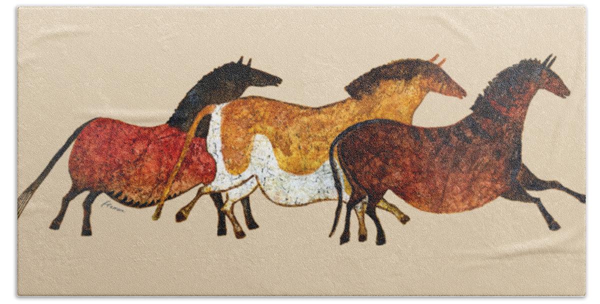 Cave Hand Towel featuring the painting Cave Horses in Beige by Hailey E Herrera