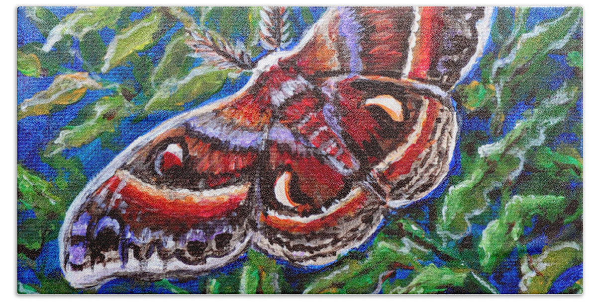 Nature Moth Insect Butterfly Wings Fern Bath Towel featuring the painting Cecropia Moth by Gail Butler