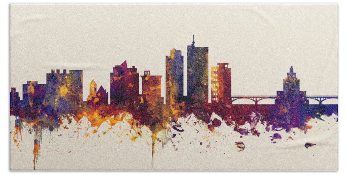 Cedar Rapids Hand Towel featuring the digital art Cedar Rapids Iowa Skyline by Michael Tompsett