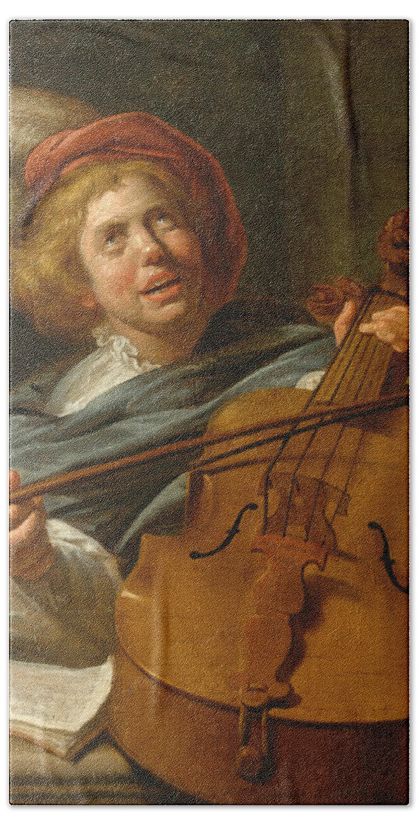 Judith Leyster And Studio Bath Towel featuring the painting Cello Player by Judith Leyster and Studio