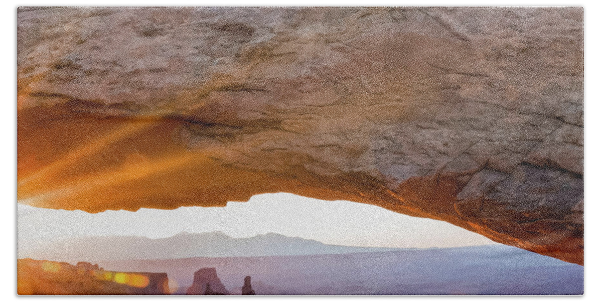 America Hand Towel featuring the photograph Center Panel 2 of 3 - Mesa Arch Panoramic Sunrise - Canyonlands National Park - Moab Utah by Gregory Ballos
