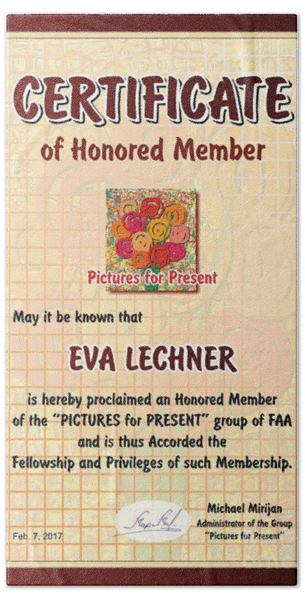 Honored Bath Towel featuring the photograph Certificate of Honored Member by Eva Lechner