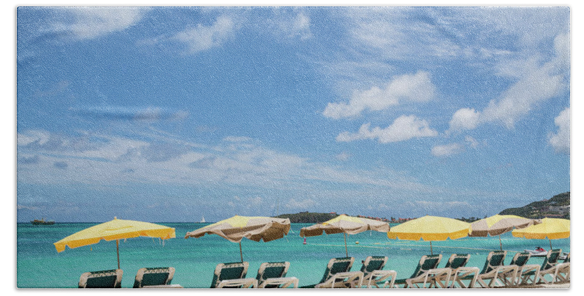 Beach Hand Towel featuring the photograph Chaise Lounges Under Umbrellas on Beach by Darryl Brooks