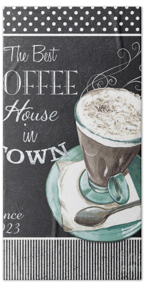 Coffee Hand Towel featuring the painting Chalkboard Retro Coffee Shop 2 by Debbie DeWitt