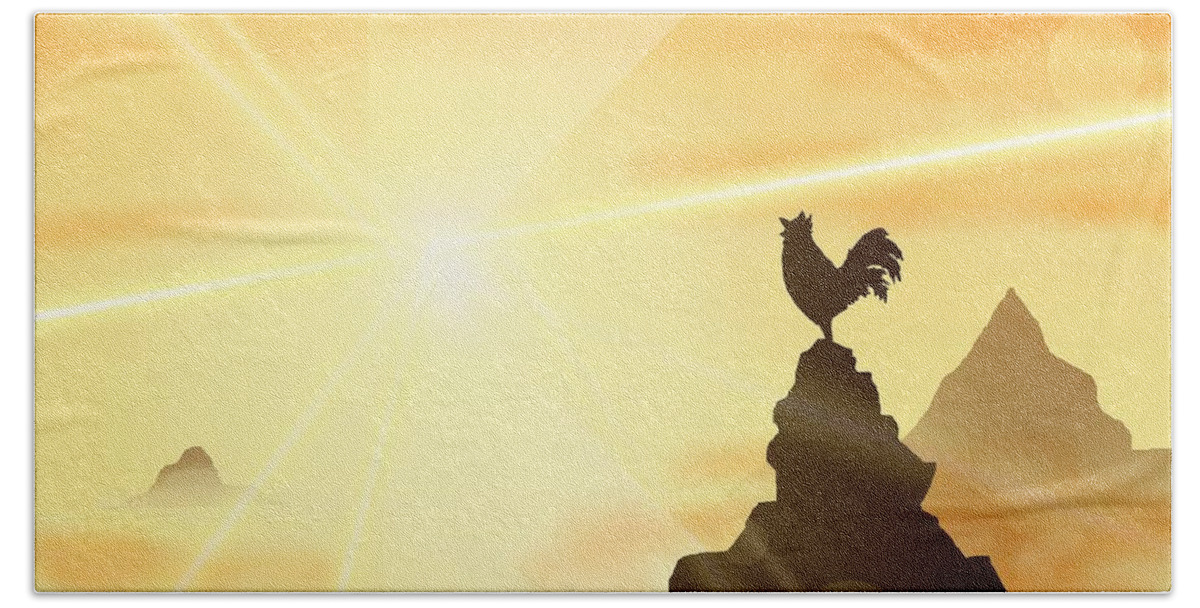 Rooster Hand Towel featuring the digital art Challenge the Sun by Alice Chen