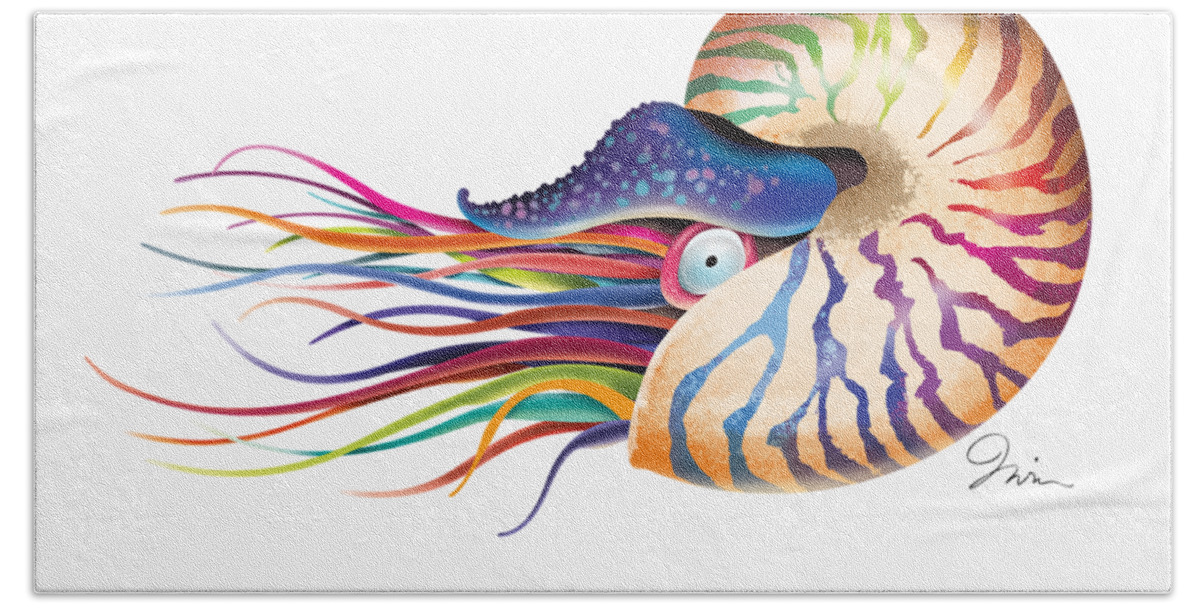 Fish Hand Towel featuring the digital art Chambered Nautilus on White by Trevor Irvin
