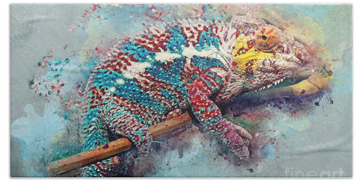 Chameleon Bath Towel featuring the painting Chameleon watercolor art by Justyna Jaszke JBJart