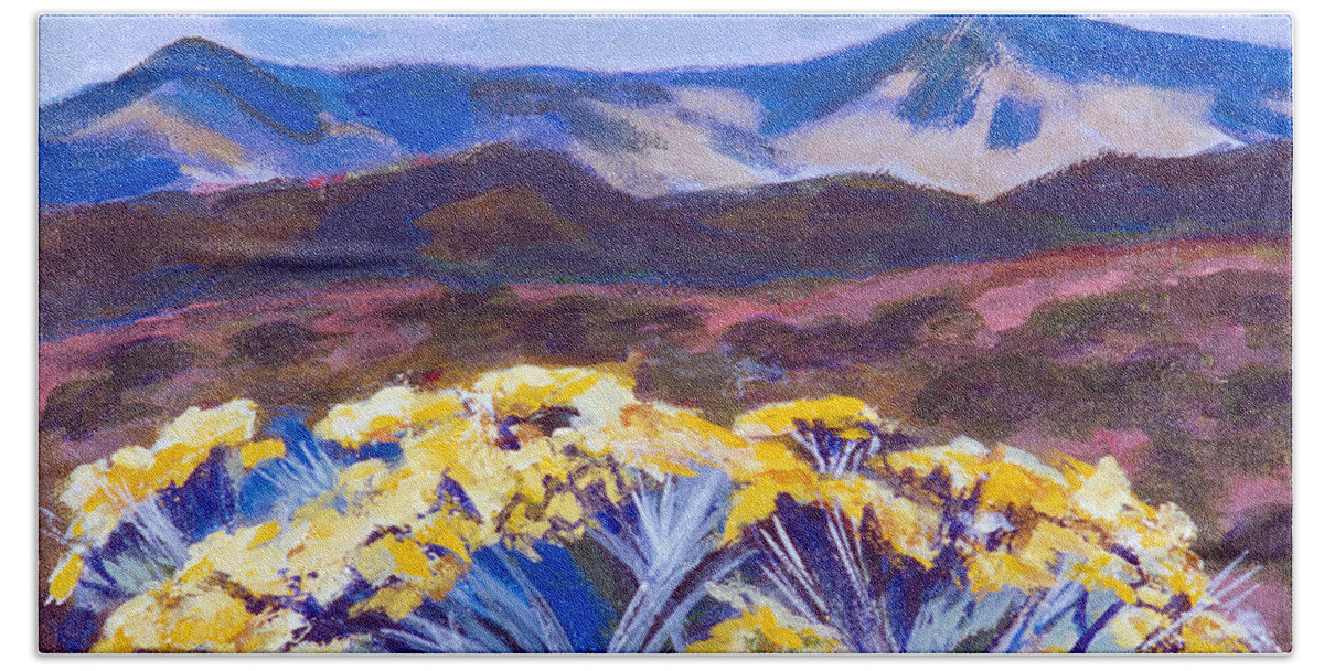 Desert Bath Towel featuring the painting Chamisa and Mountains of Santa Fe by Betty Pieper