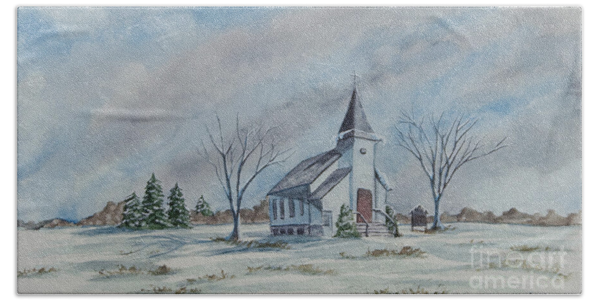 Country Church Hand Towel featuring the painting Chapel In Winter by Charlotte Blanchard