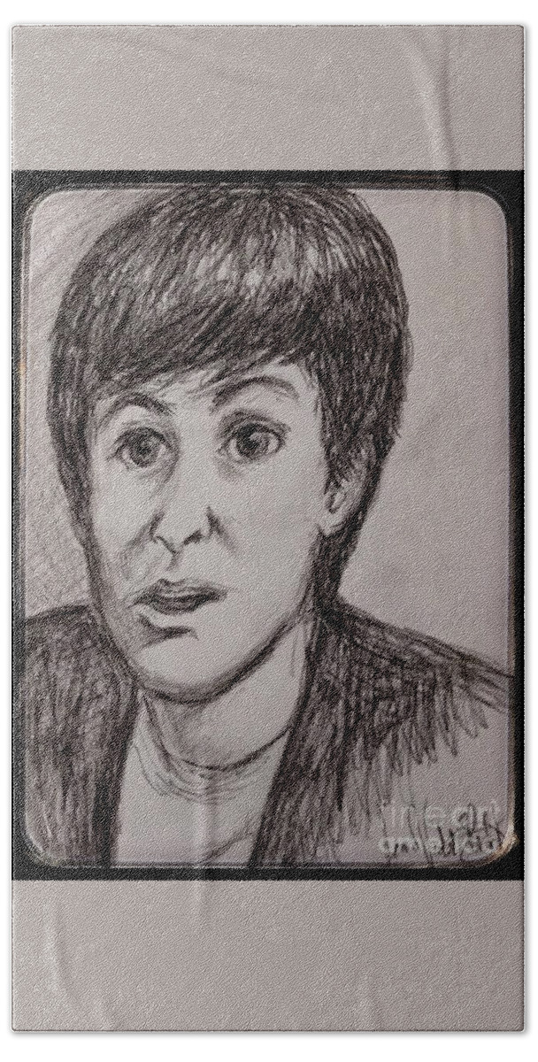 Sir Paul Mccartney Hand Towel featuring the drawing Charcoal Portrait of Paul McCartney by Joan-Violet Stretch