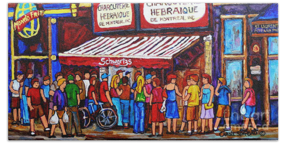 Montreal Hand Towel featuring the painting Charcuterie Hebraique Schwartz Line Up Waiting For Smoked Meat Montreal Paintings Carole Spandau   by Carole Spandau