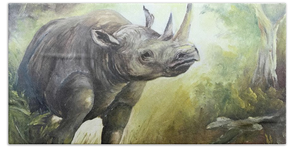 Rhino Bath Towel featuring the painting Charging Rhino by ML McCormick