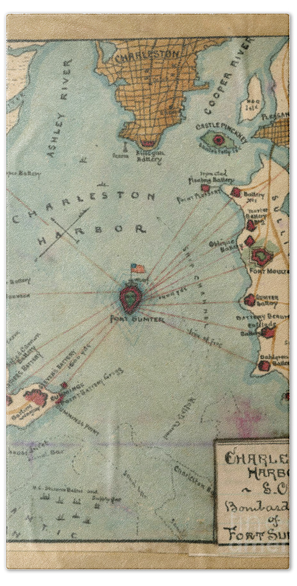 Map Hand Towel featuring the photograph Charleston Harbor Vintage Map by Dale Powell