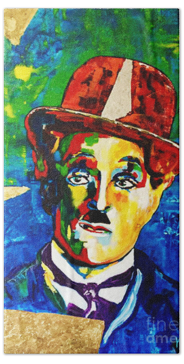 Home Design Hand Towel featuring the painting CHARLIE CHAPLIN Gold and Silver by Kathleen Artist PRO