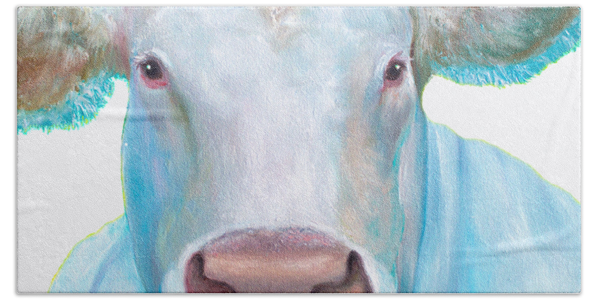Charolais Bath Towel featuring the painting Charolais Cow painting on white background by Jan Matson