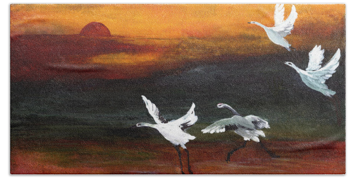Cranes Hand Towel featuring the painting Chasing the Sun by Charlene Fuhrman-Schulz