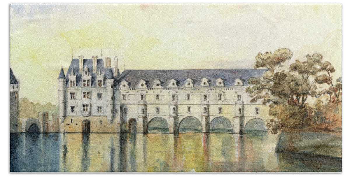Chateau De Chenonceau Bath Sheet featuring the painting Chateau de Chenonceau by Juan Bosco