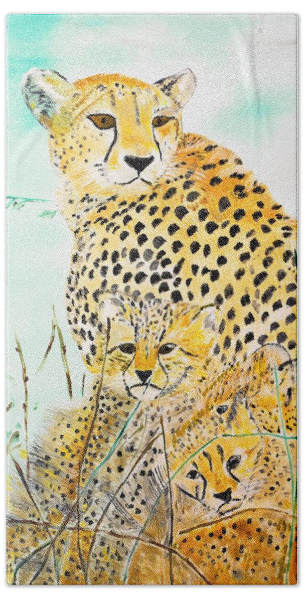 Cheetah Hand Towel featuring the painting Cheetah Family by Valerie Ornstein