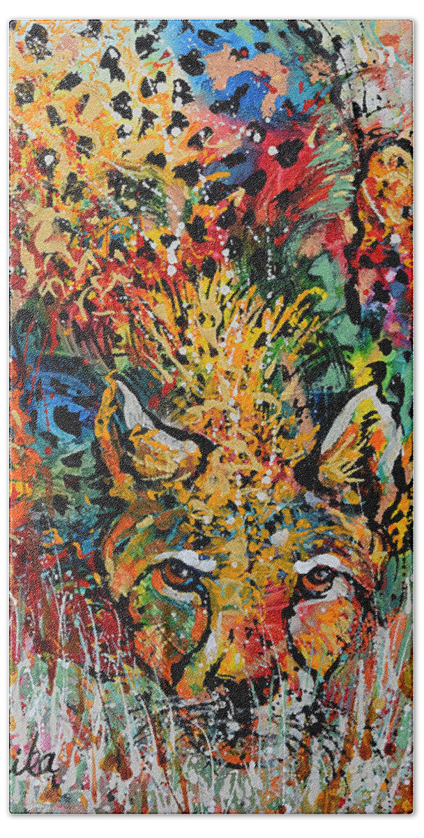 Cheetah Bath Towel featuring the painting Cheetah Stalking by Jyotika Shroff
