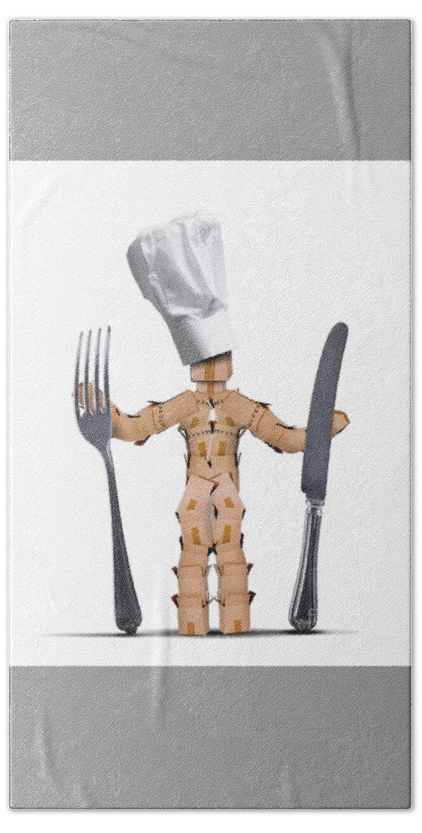 Kitchen Bath Towel featuring the digital art Chef box man Character with cutlery by Simon Bratt