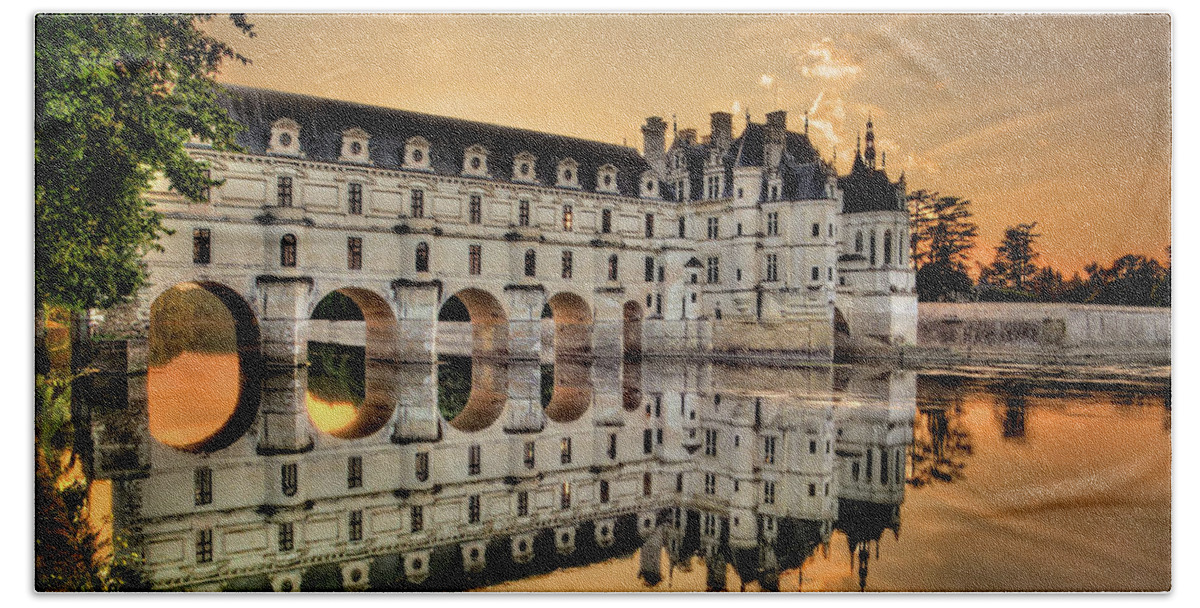 Chateau De Chenonceau Hand Towel featuring the photograph Chenonceau Castle in the twilight by Weston Westmoreland