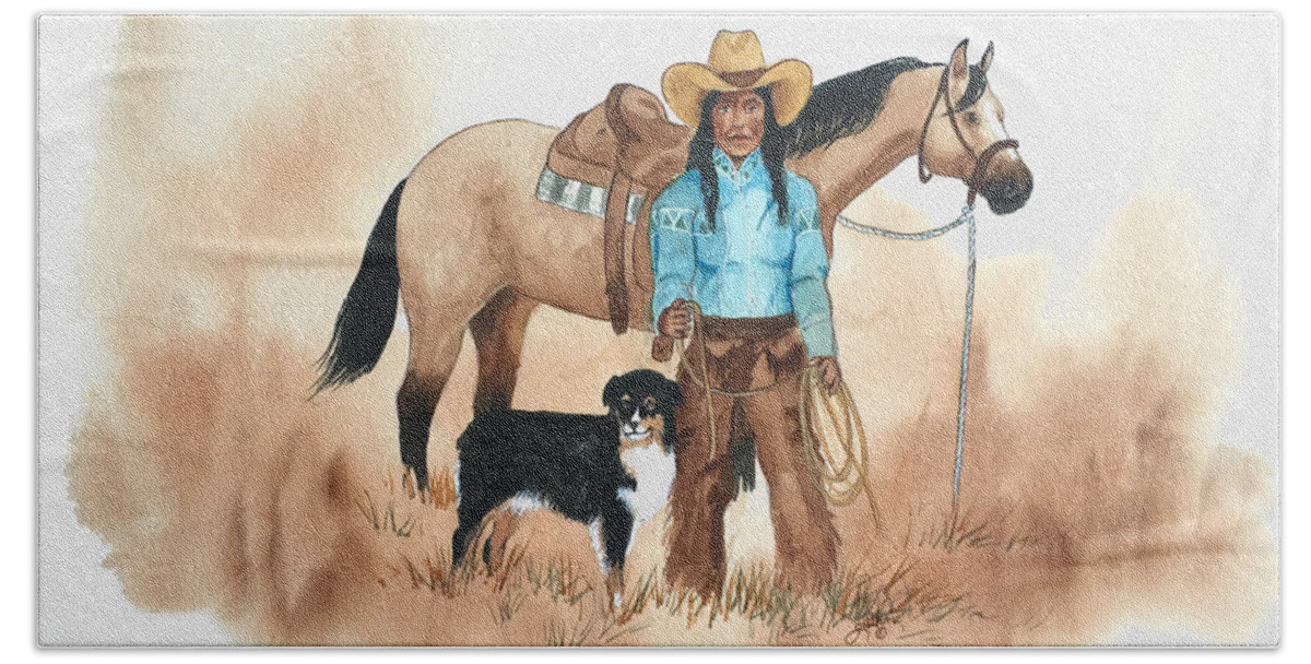 Cherokee Bath Sheet featuring the painting Cherokee Cowgirl by John Guthrie