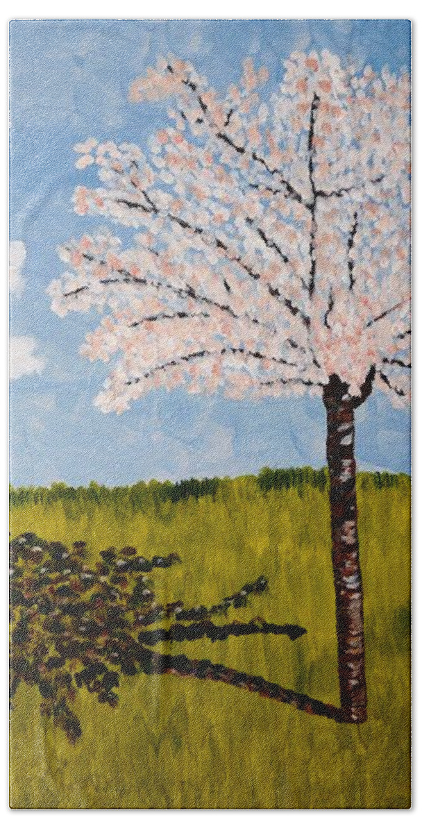 Cherry Bath Towel featuring the painting Cherry Blossom Tree by Valerie Ornstein