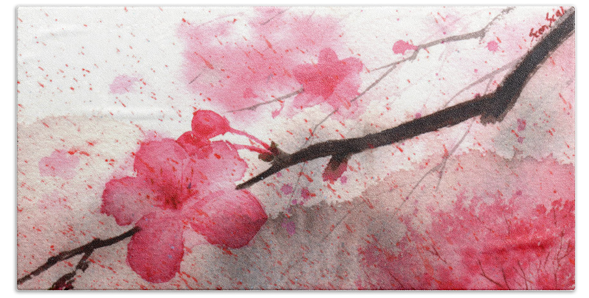 Cherry Blossom Bath Towel featuring the painting Cherry Blossoms 1 by Sean Seal