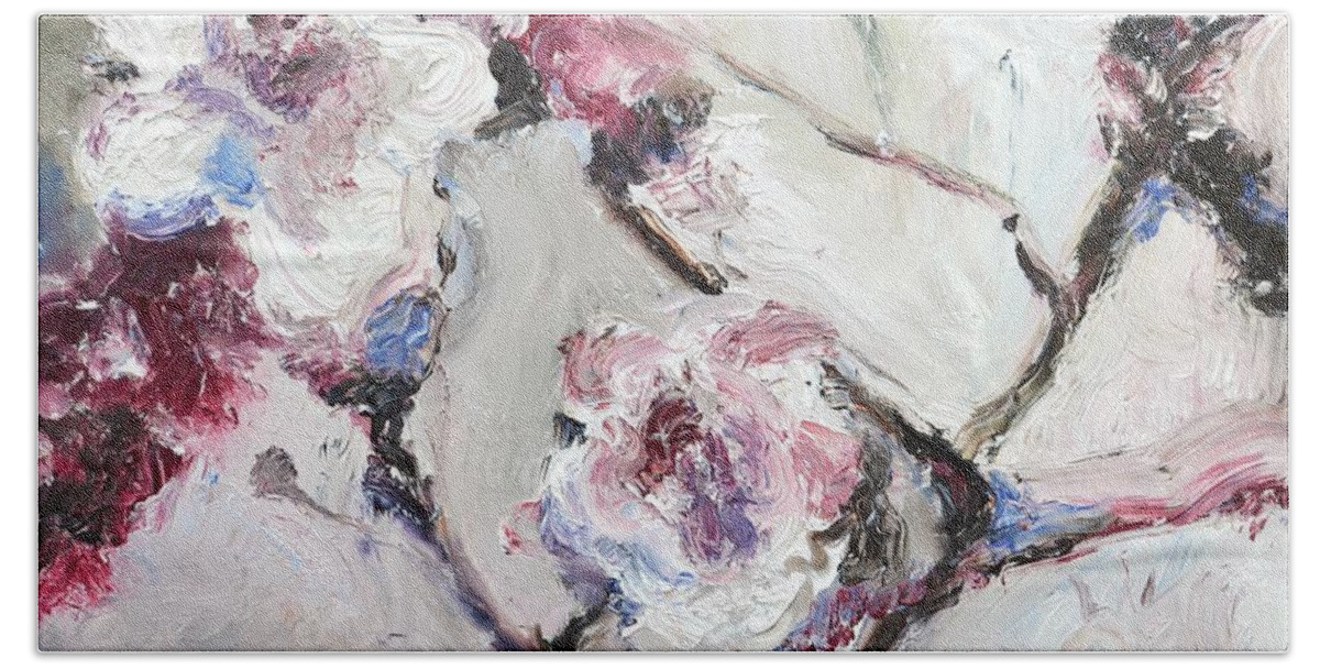 Cherry Bath Towel featuring the painting Cherry Blossoms in Abstraction by Donna Tuten