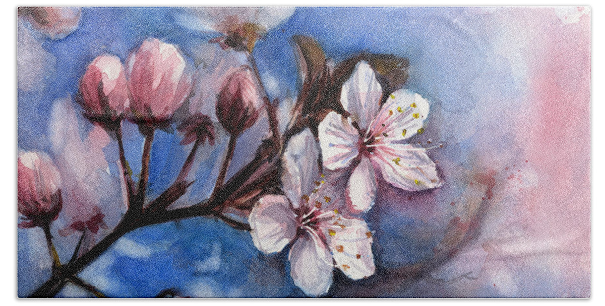 Spring Hand Towel featuring the painting Cherry Blossoms by Olga Shvartsur
