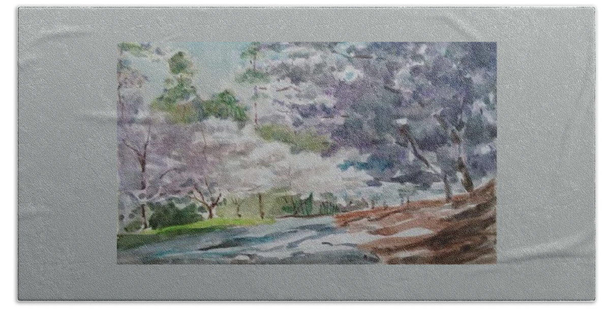 Landscape Bath Towel featuring the painting Cherry Blossoms Oxford Circle by Martha Tisdale