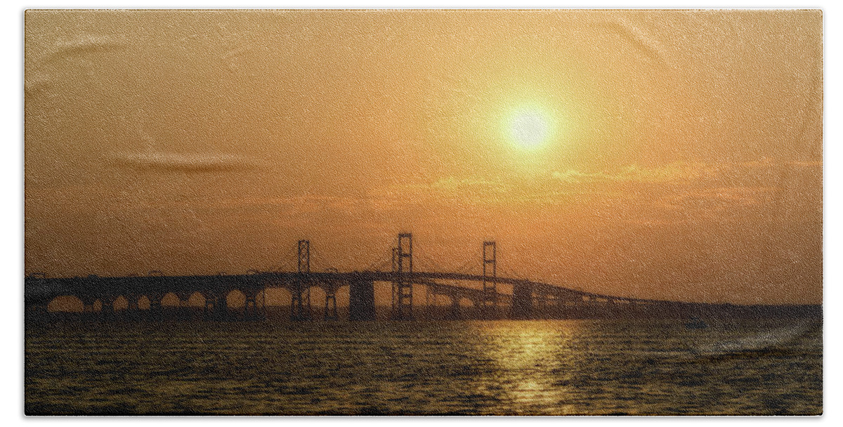 Sunset Bath Towel featuring the photograph Chesapeake Bay Bridge Sunset I by Richard Macquade