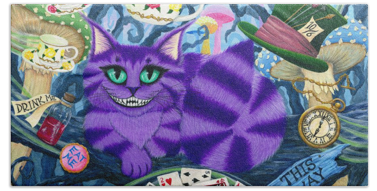 Cheshire Cat Hand Towel featuring the painting Cheshire Cat - Alice in Wonderland by Carrie Hawks
