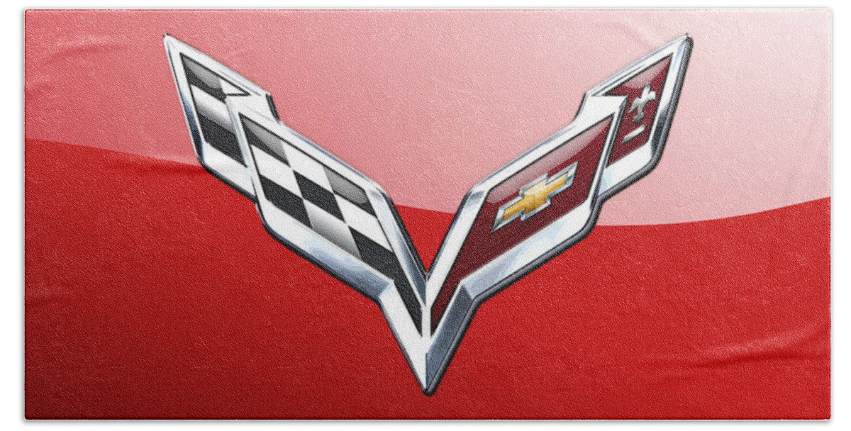 'wheels Of Fortune' Collection By Serge Averbukh Hand Towel featuring the photograph Chevrolet Corvette - 3d Badge On Red by Serge Averbukh