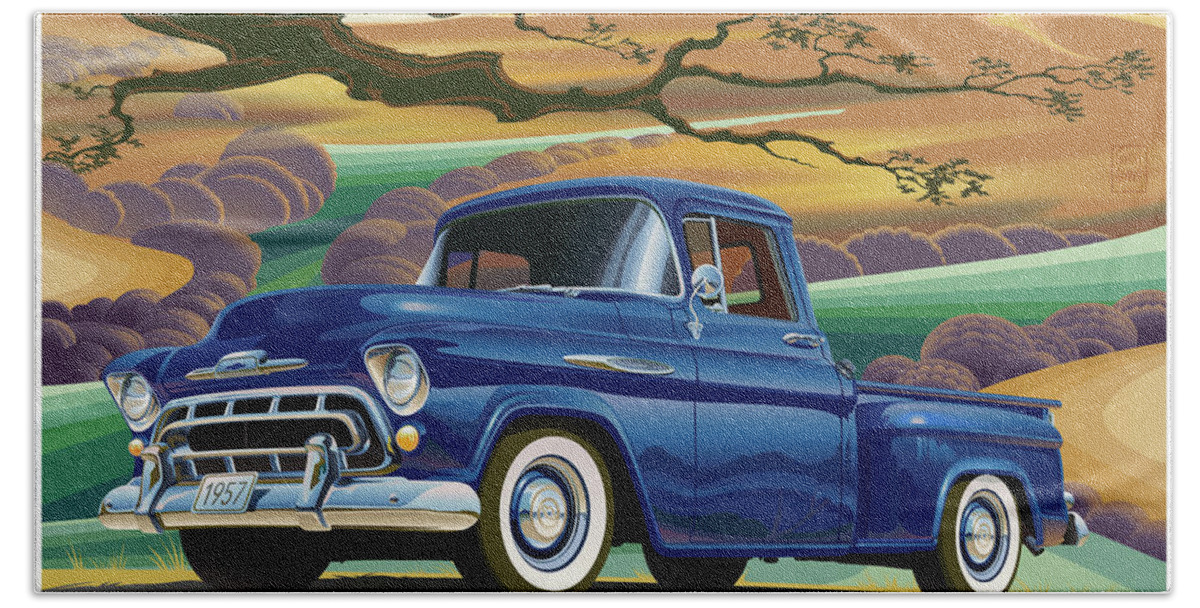 1957 Chevrolet 3100 Truck Bath Towel featuring the digital art 1957 Chevrolet 3100 Truck Under a California Oak by Garth Glazier