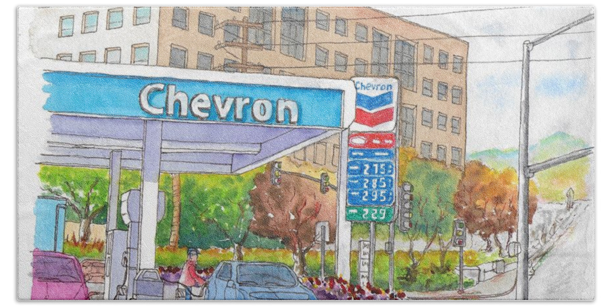 Chevron Gasoline Station Hand Towel featuring the painting Chevron Gasoline Station in Olive and Buena Vista, Burbank, California by Carlos G Groppa