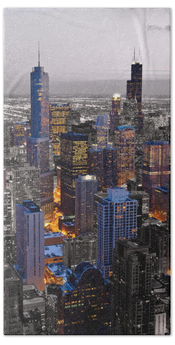 Chicago Hand Towel featuring the photograph Chicago Loop Sundown BW Color Blend by Steve Gadomski