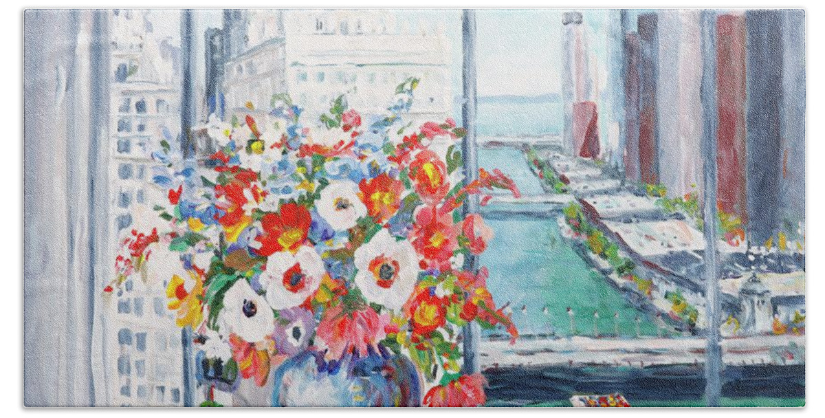 Flowers Bath Towel featuring the painting Chicago River by Ingrid Dohm
