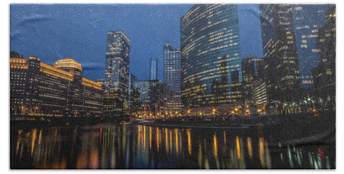 Chicago Hand Towel featuring the photograph Chicago River Reflections at dusk by Sven Brogren