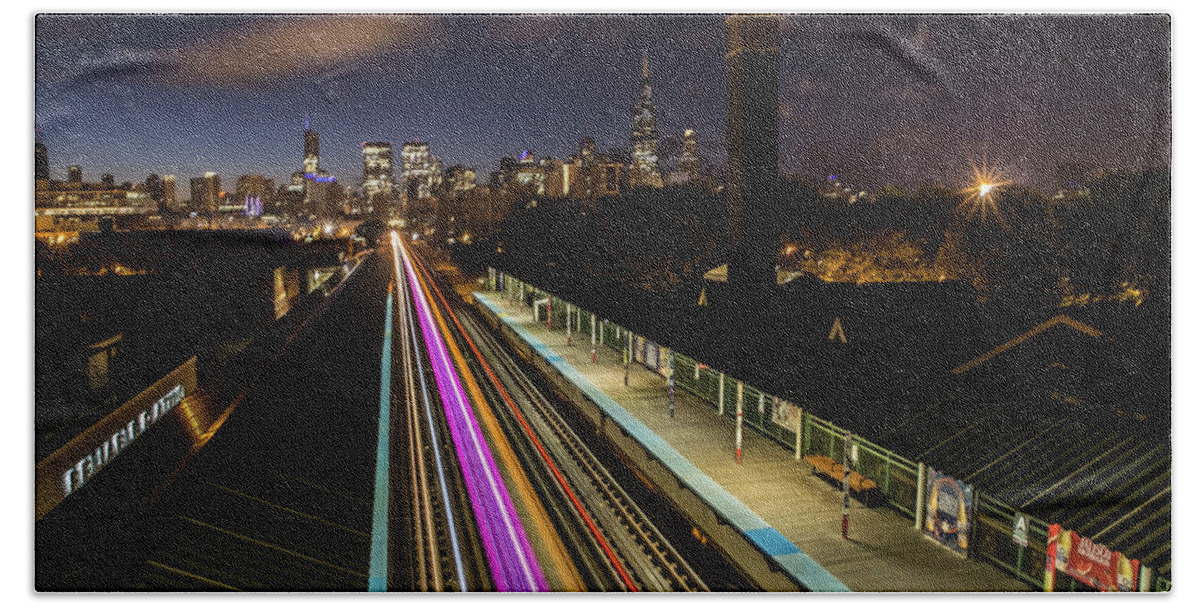 Chicago Bath Towel featuring the photograph Chicago skyline and train lights by Sven Brogren