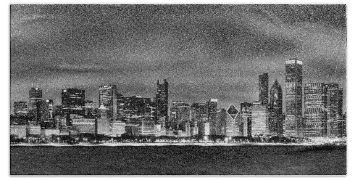 Chicago Skyline Hand Towel featuring the photograph Chicago Skyline at NIGHT black and white by Jon Holiday